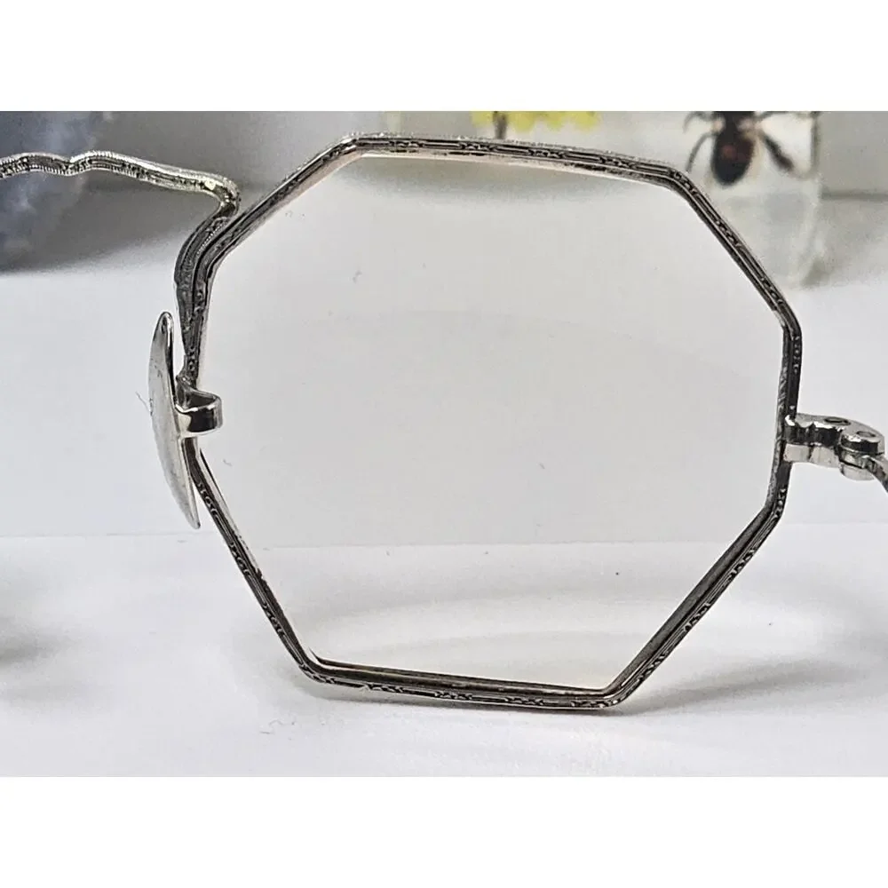 Art Deco Cortland White Gold Filled Octagon Framed Glasses - 10K White Gold Pads